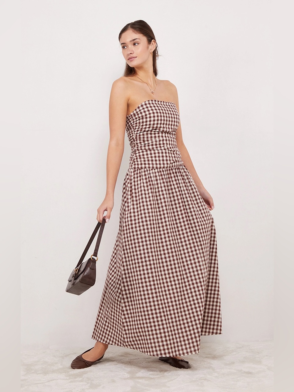 Strapless Gingham Maxi Dress in Brown & Cream,Size M